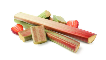 Cut fresh rhubarb and strawberry isolated on white