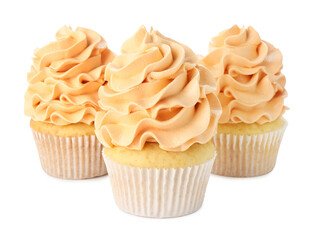 Delicious cupcakes with color cream isolated on white
