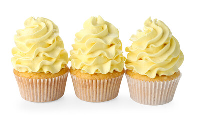 Delicious cupcakes with color cream isolated on white