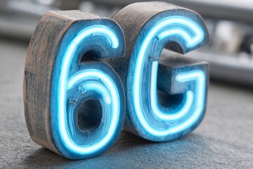 Illuminated 6G logo glows with neon lights, representing future technology