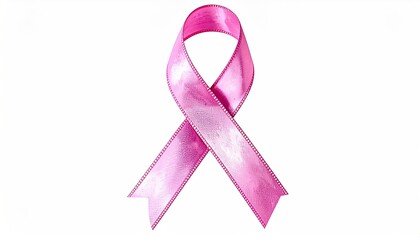 A light pink awareness ribbon, tied in a classic bow, is presented against a stark white backdrop.  Its sheen suggests a satin or silk-like texture