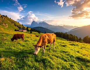 Cows grazing in a lush mountain meadow at sunset