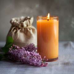 A lit, amber-colored candle sits beside a small burlap sack and a sprig of lilac blossoms on a light grey surface