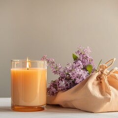 A lit, amber-colored candle sits beside a bunch of lilac flowers nestled in a light beige fabric bag on a white surface against a muted background