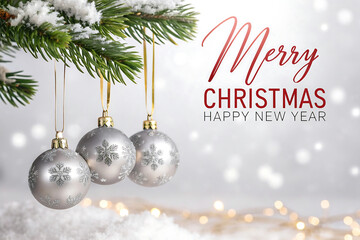 Silver Christmas Ornaments Hanging from a Pine Branch with Festive Lights and Snow holiday isolated on a transparent background