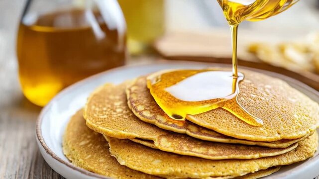 Delicious pancakes topped with warm syrup in the morning