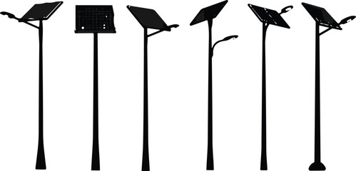 Streetlight pole silhouette set, solar panel and signage designs, urban infrastructure vector, black icon collection, modern lighting structures