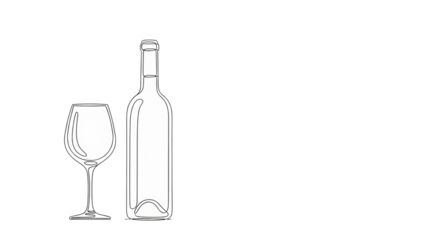 Minimalist continuous line drawing of elegant wine glass and bottle, side-by-side on a subtle line, transparent studio, ample copy space. Concept for beverage advertising