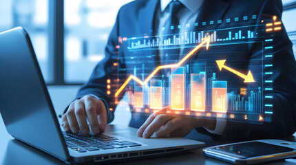 Financial Growth at Work: A professional in a suit meticulously analyzes financial charts on a laptop, symbolizing business progress and strategic decision-making.