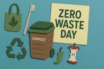 Zero waste day compost bin with food scrap, recycling symbol, reusable tote, bamboo toothbrush and apple core promoting sustainable lifestyle and environmental conservation