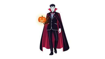 Vampire's Alluring Allure: An elegantly dressed vampire, adorned in a striking red-lined cape, strides forward while holding a lit Jack o' lantern.