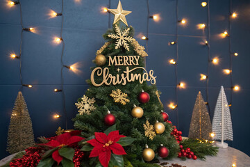 Small decorated Christmas tree with ornaments, poinsettias, and fairy lights against a blue wall small tree isolated on a transparent background