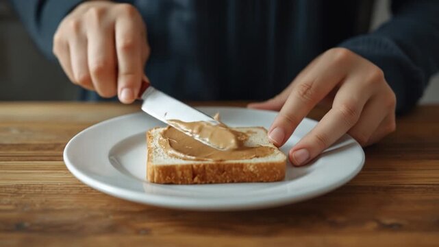 A person spreading peanut butter on a slice of bread on a wooden table in a cozy kitchen setting