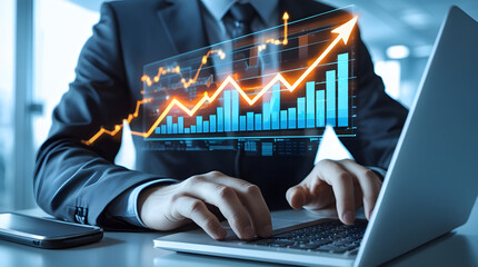 Business Growth and Strategy: An executive intently analyses financial data, the rising graph symbolizing success in the digital world.