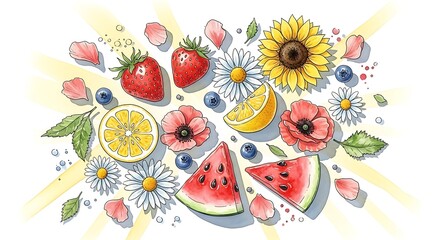 Fresh Watermelon Strawberry Lemon Flower Fruit Arrangement Artistic Watercolor