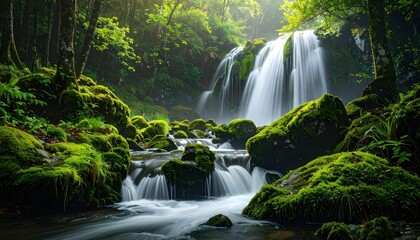 Serene waterfall cascading through a lush, vibrant green forest, surrounded by moss-covered rocks and verdant foliage.