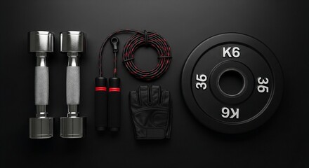 Top view of modern gym equipment on a black background. Includes chrome dumbbells, black weight plate, red and black jump rope, and leather workout gloves
