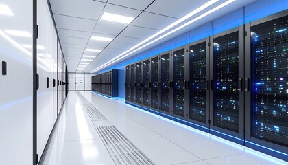 A long, brightly lit server room corridor with rows of dark-colored server racks, featuring blue LED lighting along the base