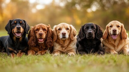 A group of five dogs are laying on the grass, with one black dog in the middle and the other four brown dogs surrounding it