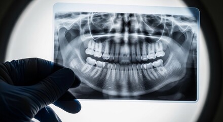 Dental X-ray image held by medical professional in examination room  