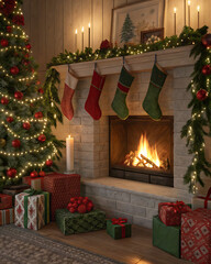 A fireplace decorated with fir garlands and a wreath. Colorful gift socks hang on the mantelpiece, and a warm flame burns inside