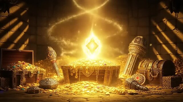 Mysterious Ancient Treasure Room Filled with Glowing Gold.