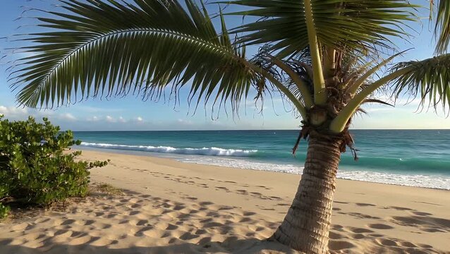 tree with long, slender trunk and crown of large leaves, synonymous with luxury vacations