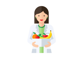 Nutritionist holding fresh organic fruits for healthy diet and wellness in colorful vector design perfect for dietary guides or nutritional infographics
