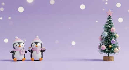 Two cartoon penguins wearing winter hats stand beside a decorated Christmas tree on a purple background with bokeh lights.