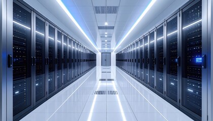 A long, brightly lit server room with rows of dark server racks on either side of a white corridor, receding to a distant door