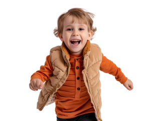 a cute young boy, wearing an orange long-sleeved top and a beige vest over it with black pants underneath, is running happily isolated on a transparent background.