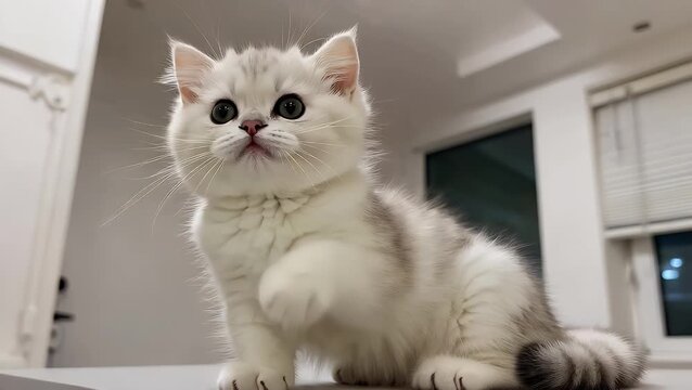comical and amusing young domestic cat with pristine white fur engaging in playful antics