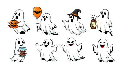 Spooky Ghostly Fun: A set of whimsical ghost illustrations, each exuding charm and mischief in a playful depiction for Halloween.