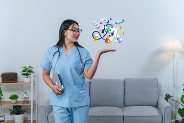 Young female healthcare professional in scrubs showcasing floating medical icons in modern living room setting expressing innovative approach to patient care