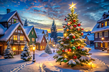 Snowy village scene with a decorated Christmas tree and illuminated houses at dusk winter town isolated on a transparent background