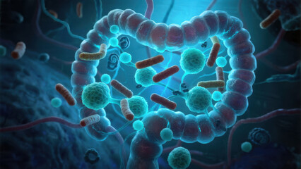 Microscopic view of intestinal bacteria and cells in blue light colon microbiome