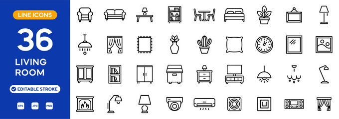 Living room icon set. Home interior line icons: sofa, lamp, chair, plant, clock, picture frame, and decoration furniture. Editable stroke. Vector illustration.