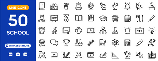 School icon set. Education and learning line icons: book, backpack, ruler, microscope, trophy, blackboard, art tools, school bus, and more. Editable stroke. Vector illustration.