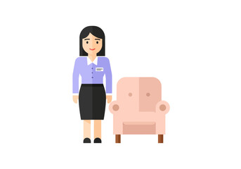 Professional businesswoman standing near an armchair in a corporate setting, a flat vector design perfect for office decor
