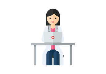 Female doctor with laptop working at her desk offering medical assistance for telemedicine or remote patient care during online consultation in a clinic or healthcare facility