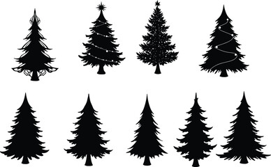 Christmas tree silhouettes with decorations, ornaments, and pine shapes collection vector illustration design for holiday season isolated on white background