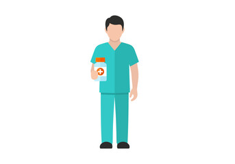 Healthcare professional doctor in scrubs holding medication bottle offers help for patients well being and recovery