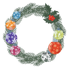 Wreath with baubles and holly berry, Christmas circle frame, round border