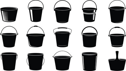 Silhouette bucket collection, black and white icons, vintage containers, handle styles, rustic tools, household items, vector set, isolated design