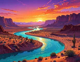 Majestic landscape painting depicting a vibrant sunset over a winding river flowing through a desert canyon, showcasing towering rock formations, cacti, and a brilliant sky filled with colorful...