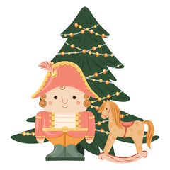 Nutcracker and rocking horse under Christmas Tree illustration