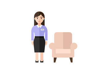 Businesswoman standing next to armchair concept in flat design style, symbolizing simplicity and modern business practices perfect for presentations