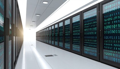 A long corridor of server racks displays binary code on glass doors, bathed in bright light at the far end