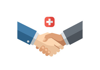 Healthcare handshake agreement concept for diverse medical collaboration showing unity with the symbol of the Swiss flag as a sign of partnership and global assistance