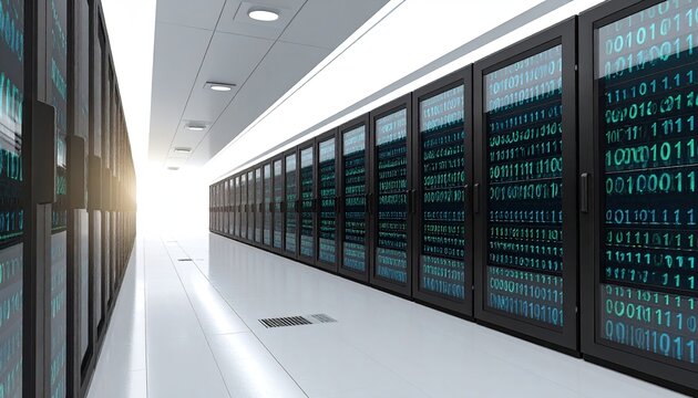 A long corridor of server racks displays binary code on glass doors, bathed in bright light at the far end